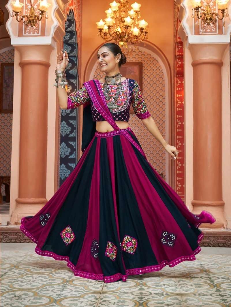 READY TO WEAR NAVRATRI RAYON COTTON MULTICOLOR LEHENGA CUM GAMTHI LEHENGA MIRROR WORK CHOLI KF RAAS 2431