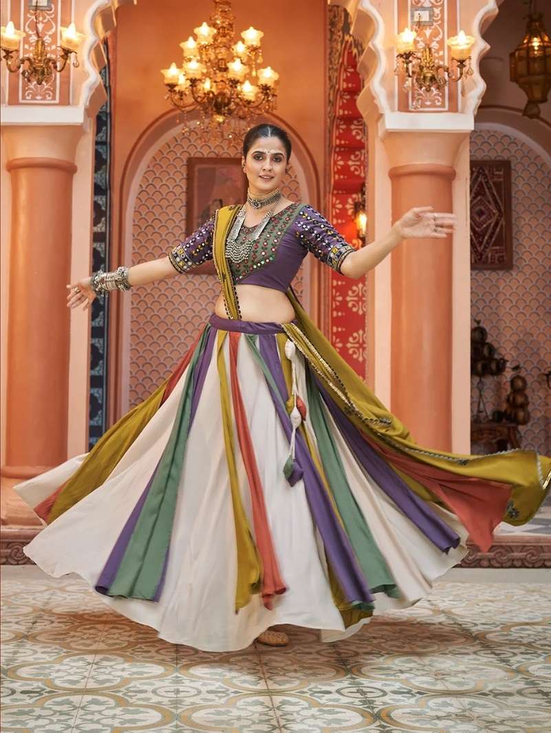 READY TO WEAR NAVRATRI RAYON COTTON MULTICOLOR LEHENGA CUM GAMTHI LEHENGA MIRROR WORK CHOLI KF RAAS 2432