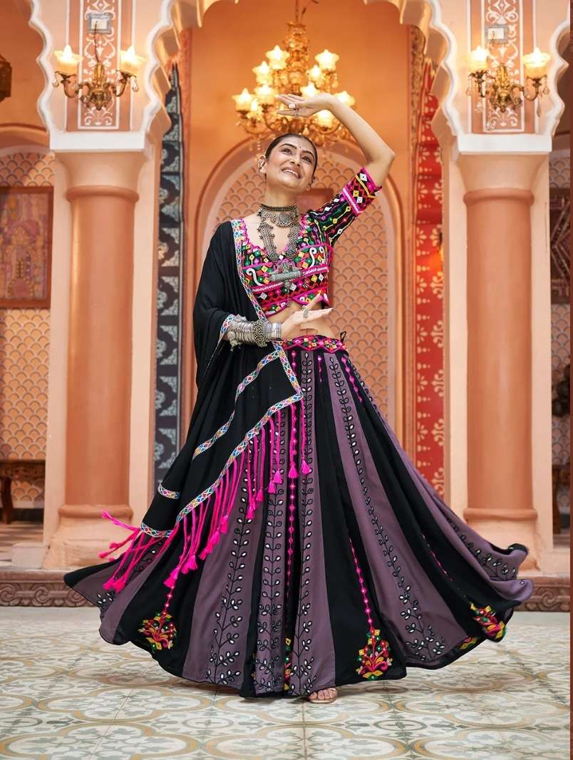 READY TO WEAR NAVRATRI RAYON COTTON MULTICOLOR LEHENGA CUM GAMTHI LEHENGA MIRROR WORK CHOLI KF RAAS 2433