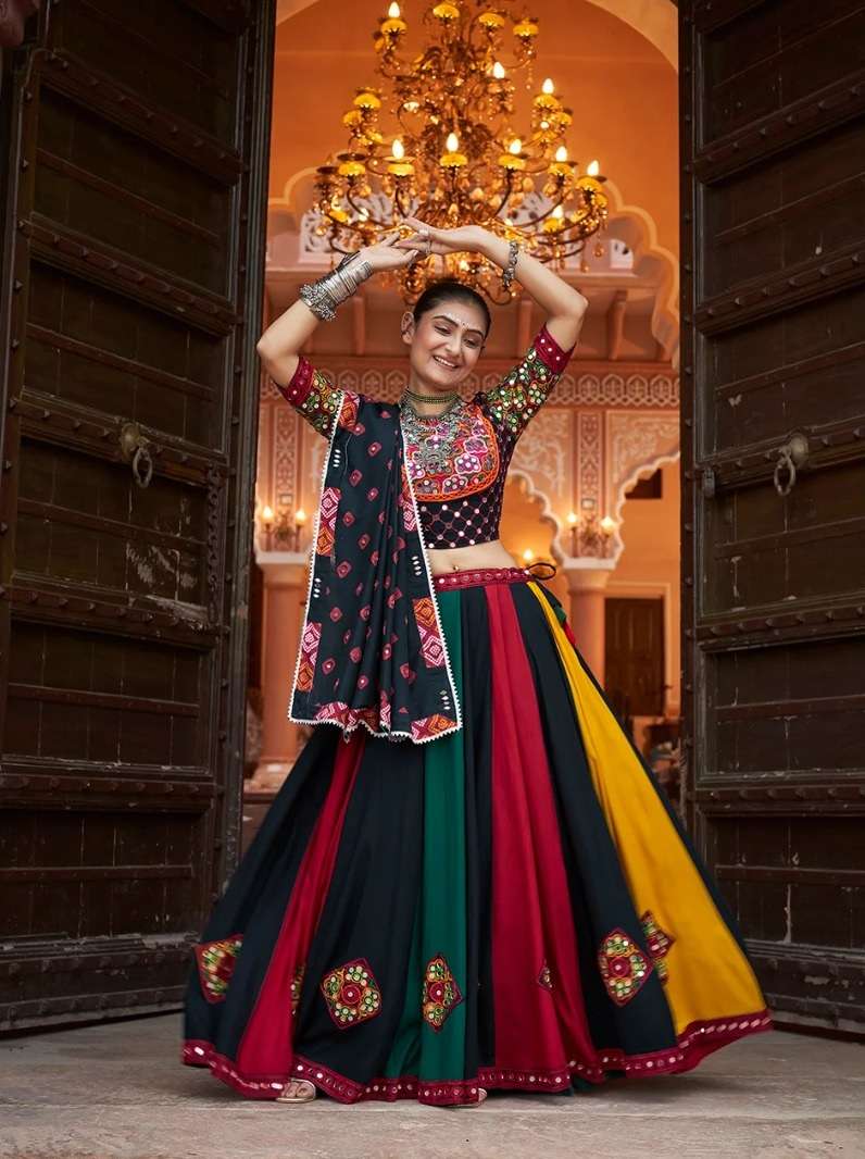 READY TO WEAR NAVRATRI RAYON COTTON MULTICOLOR LEHENGA CUM GAMTHI LEHENGA MIRROR WORK CHOLI KF RAAS 2437