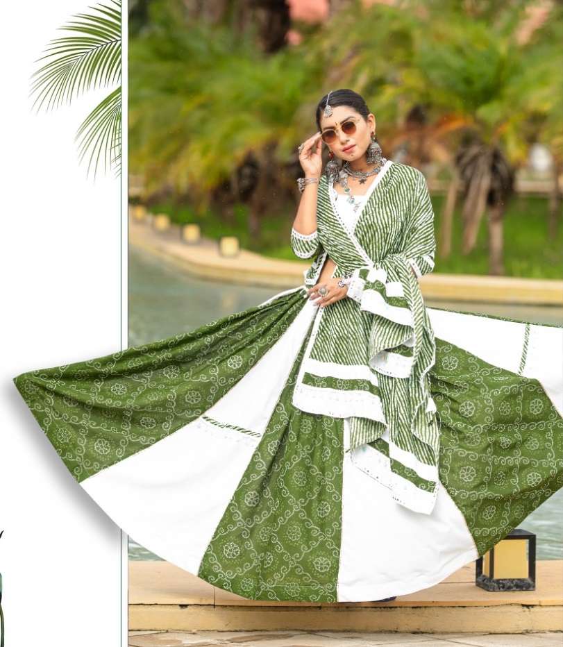 READY TO WEAR NAVRATRI RAYON COTTON WHITE GREEN LEHENGA CUM GAMTHI LEHENGA MIRROR WORK CHOLI 7073