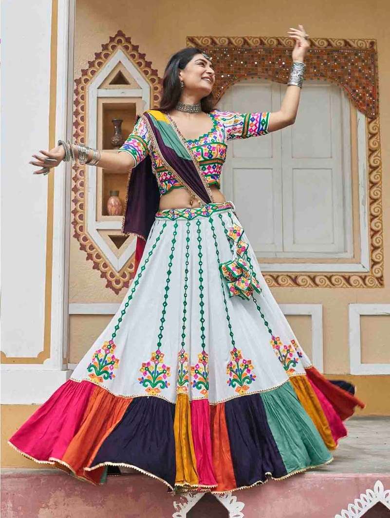 READY TO WEAR WHITE NAVRATRI RAYON COTTON LEHENGA CUM GAMTHI LEHENGA MIRROR WORK CHOLI KF RAAS 2425