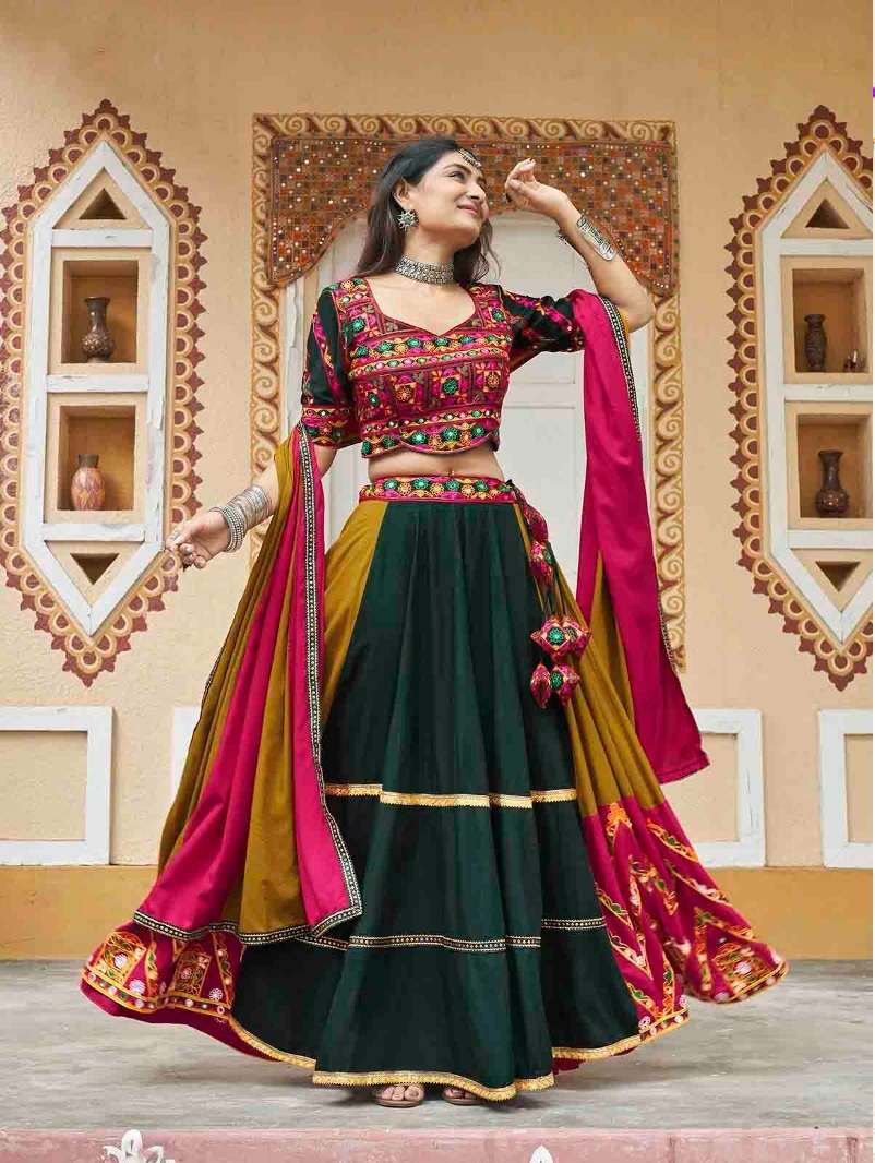 READY TO WEAR YELLOW GREEN NAVRATRI RAYON COTTON LEHENGA CUM GAMTHI LEHENGA MIRROR WORK CHOLI KF RAAS 2424