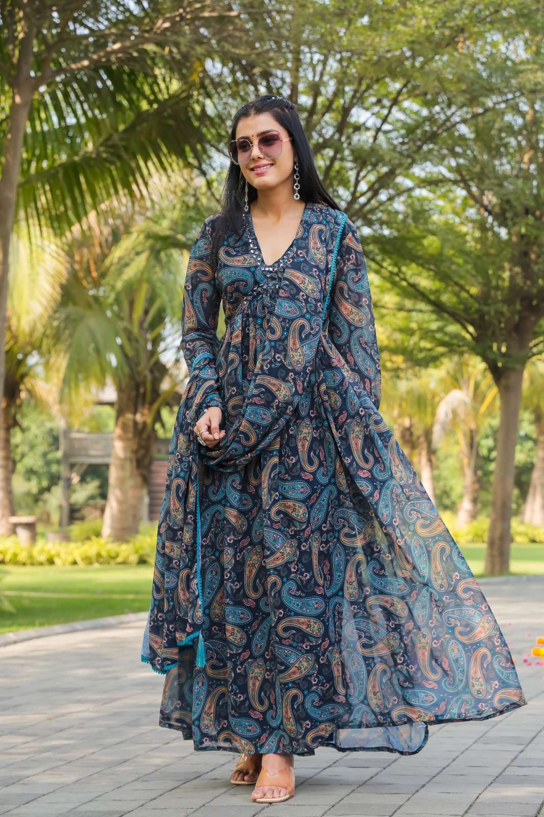 WESTERN WEAR DESIGNER FLORAL PRINTED GEORGETTE BLUE MAXI DRESS FOR MONSOON WEAR AHVN 907