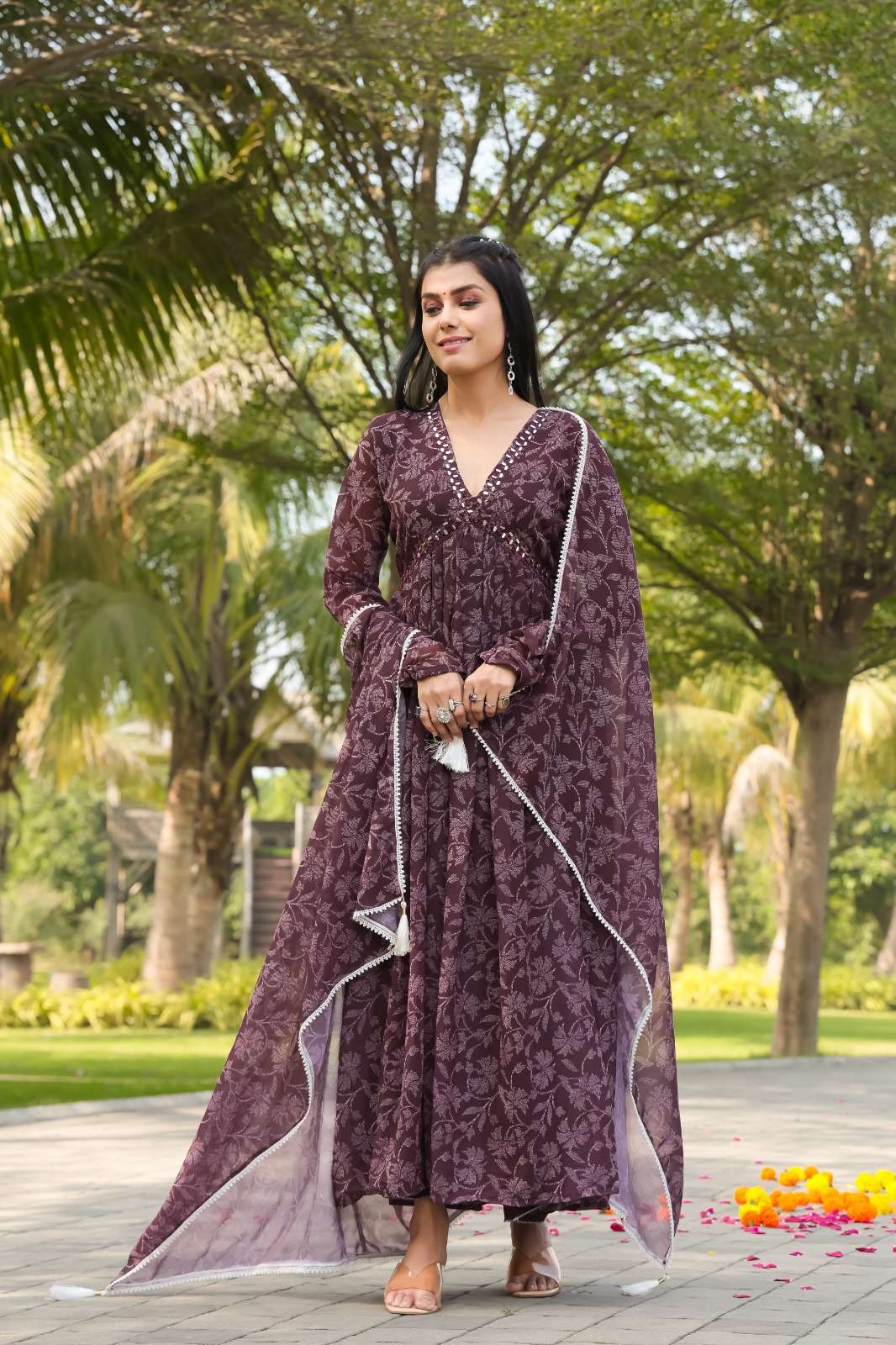 WESTERN WEAR DESIGNER FLORAL PRINTED GEORGETTE MAROON MAXI DRESS FOR MONSOON WEAR AHVN 908