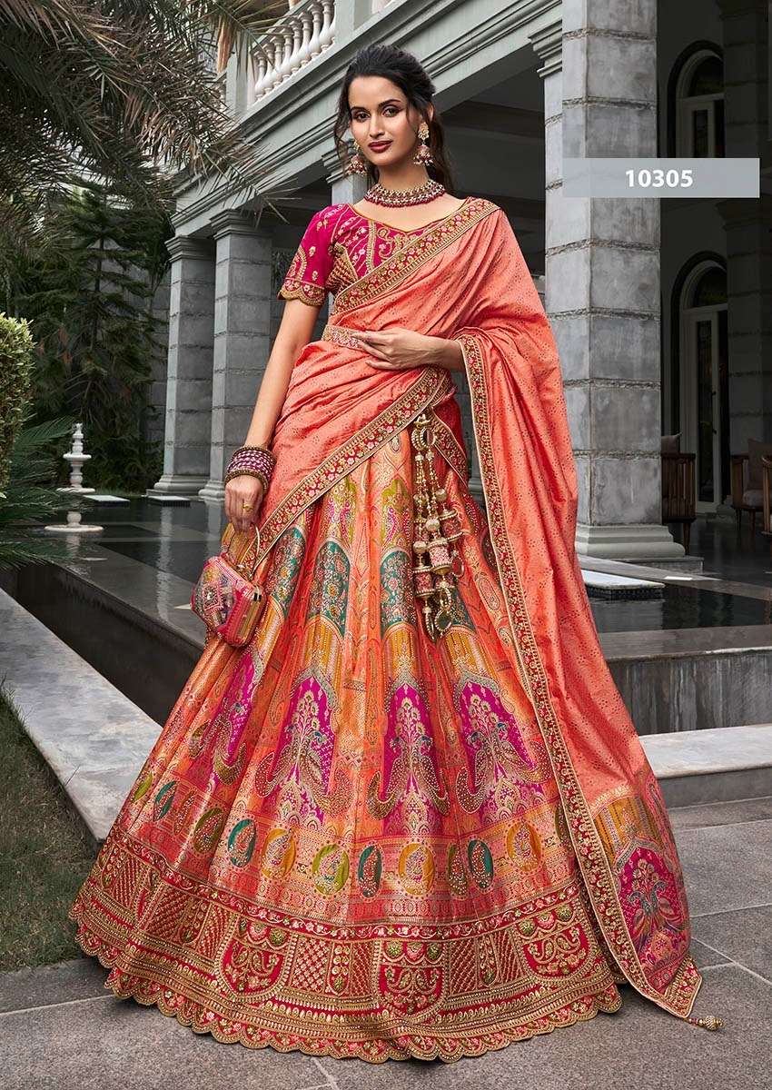 DESIGNER BRIDAL WEDDING PARTY WEAR MULTICOLOR BANARASI SILK LEHENGA CHOLI WITH AARI WORK SM ROYAL 10305