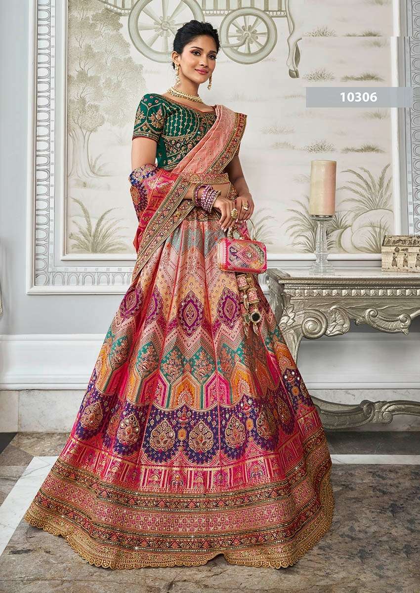 DESIGNER BRIDAL WEDDING PARTY WEAR MULTICOLOR BANARASI SILK LEHENGA CHOLI WITH AARI WORK SM ROYAL 10306