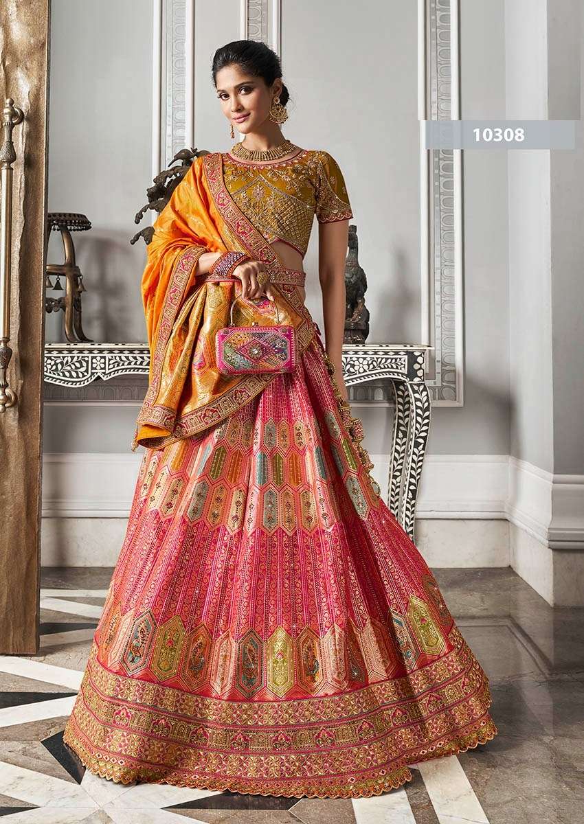 DESIGNER BRIDAL WEDDING PARTY WEAR MULTICOLOR BANARASI SILK LEHENGA CHOLI WITH AARI WORK SM ROYAL 10308