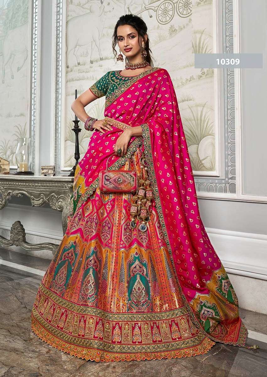 DESIGNER BRIDAL WEDDING PARTY WEAR MULTICOLOR BANARASI SILK LEHENGA CHOLI WITH AARI WORK SM ROYAL 10309