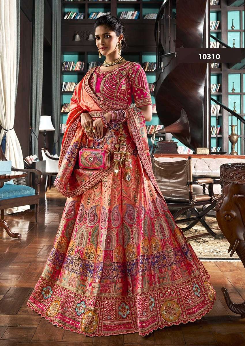 DESIGNER BRIDAL WEDDING PARTY WEAR MULTICOLOR BANARASI SILK LEHENGA CHOLI WITH AARI WORK SM ROYAL 10310