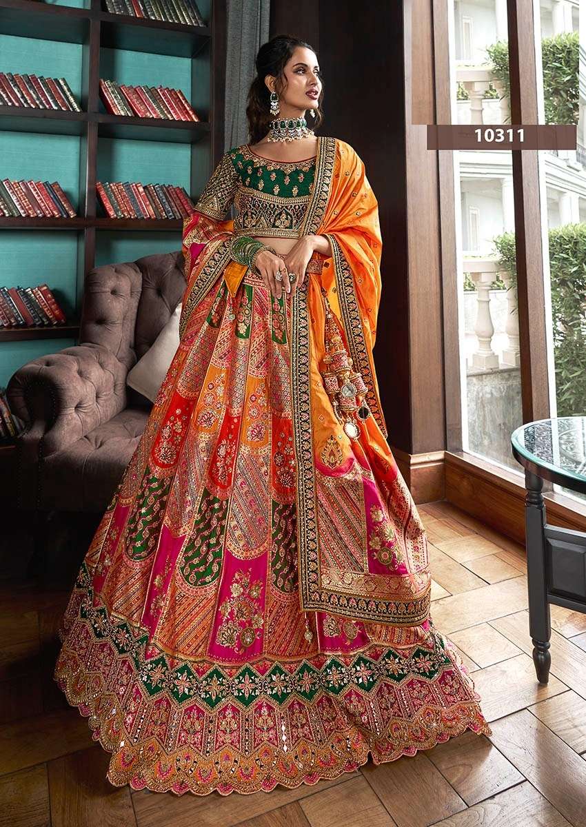DESIGNER BRIDAL WEDDING PARTY WEAR MULTICOLOR BANARASI SILK LEHENGA CHOLI WITH AARI WORK SM ROYAL 10311