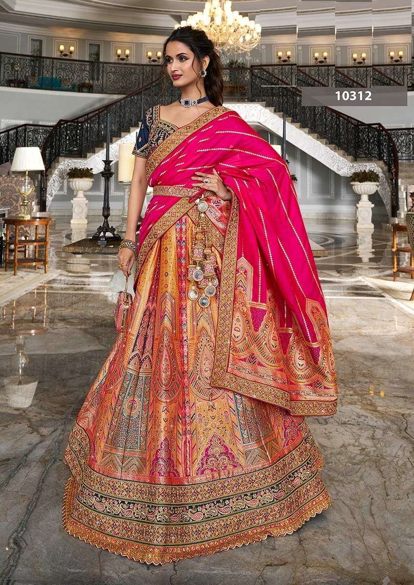 DESIGNER BRIDAL WEDDING PARTY WEAR MULTICOLOR BANARASI SILK LEHENGA CHOLI WITH AARI WORK SM ROYAL 10312