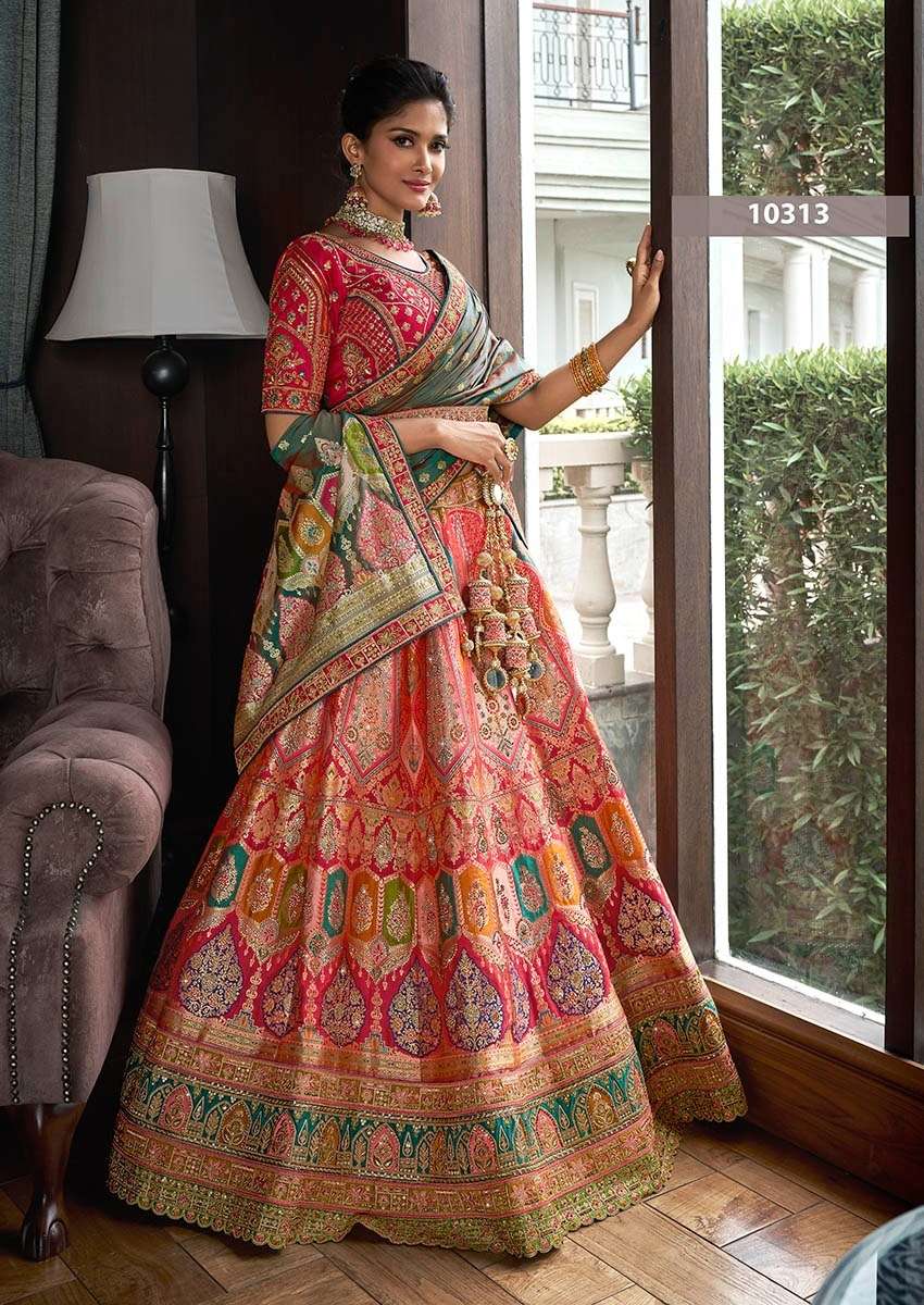 DESIGNER BRIDAL WEDDING PARTY WEAR MULTICOLOR BANARASI SILK LEHENGA CHOLI WITH AARI WORK SM ROYAL 10313