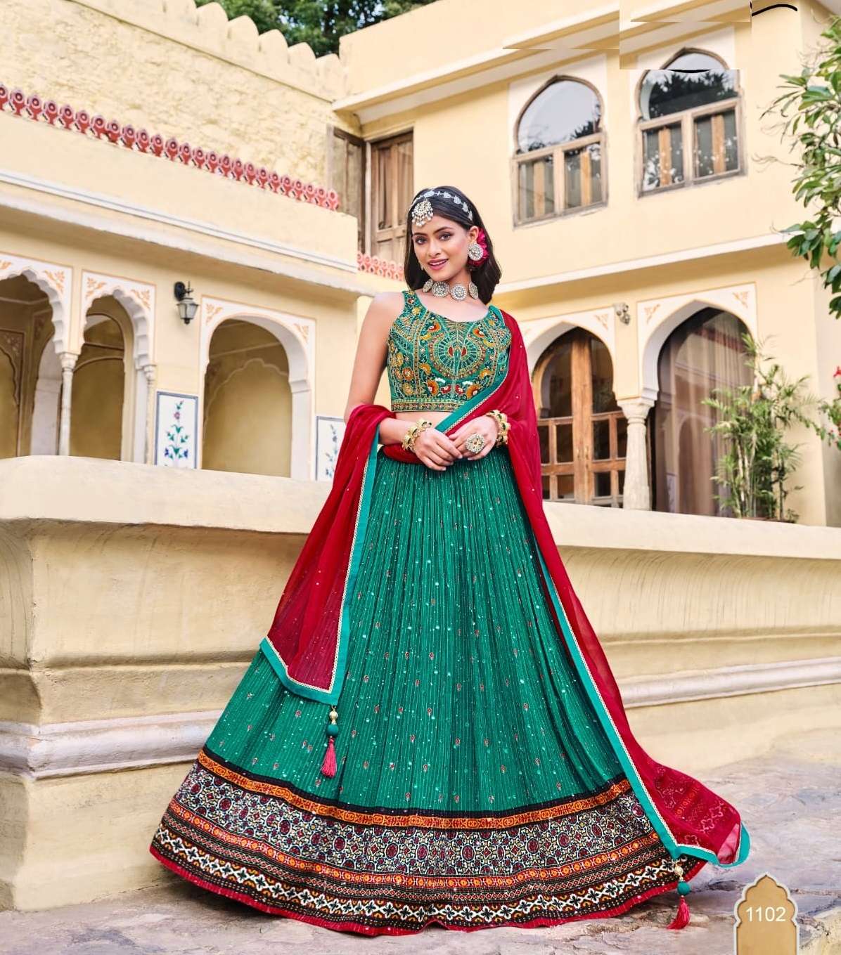 DESIGNER FANCY WEDDING PARTY WEAR CHINON GREEN LEHENGA CHOLI WITH GEORGETTE DUPATTA DST VRST TITLIYA 1102