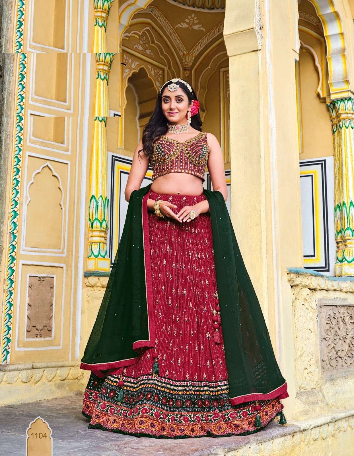 DESIGNER FANCY WEDDING PARTY WEAR CHINON RED LEHENGA CHOLI WITH GEORGETTE DUPATTA DST VRST TITLIYA 1104