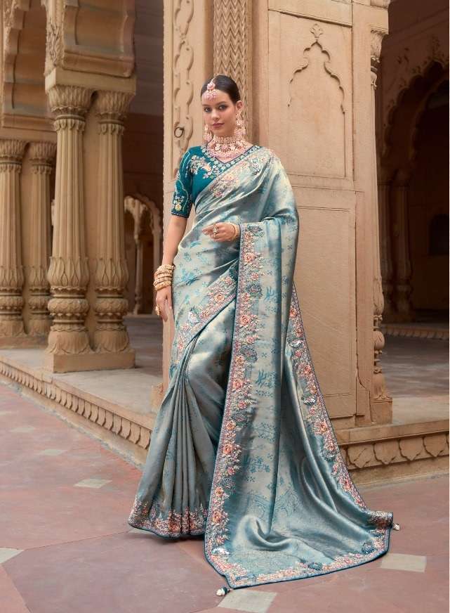 DESIGNER FANCY WEDDING PARTY WEAR INDIAN BLUE ORGANZA SILK SAREE COLLECTION SM MEEVA 1003