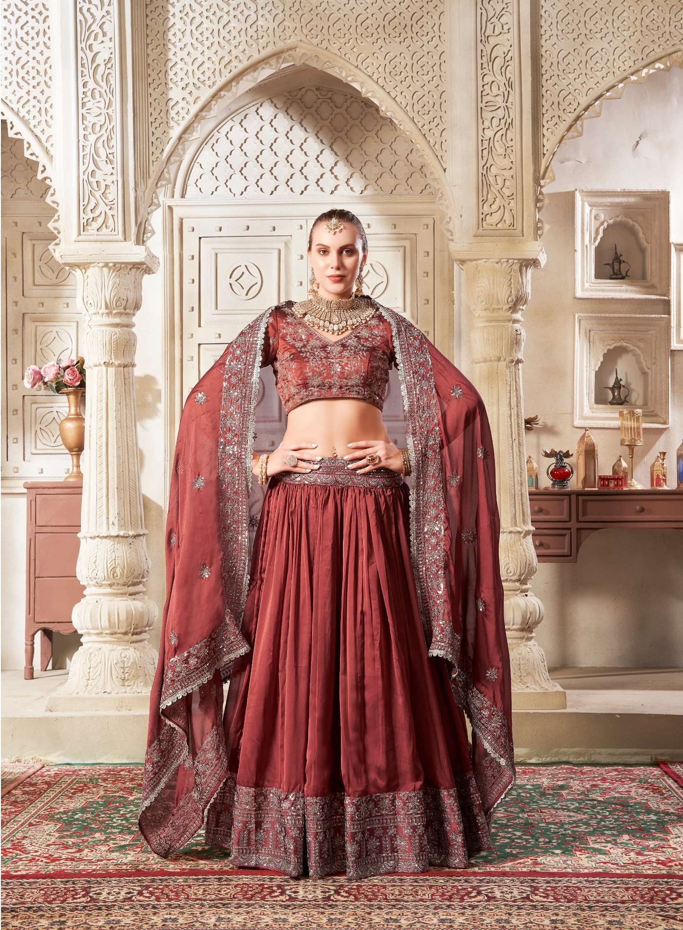 DESIGNER FANCY WEDDING PARTY WEAR INDIAN BROWN LEHENGA CHOLI WITH DUPATTA NVN ANTSH OCASSION 5034