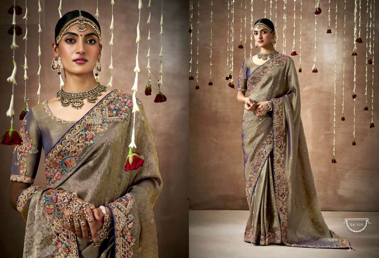 DESIGNER FANCY WEDDING PARTY WEAR INDIAN BROWN ORGANZA SAREE COLLECTION SM KM DULHAN 320