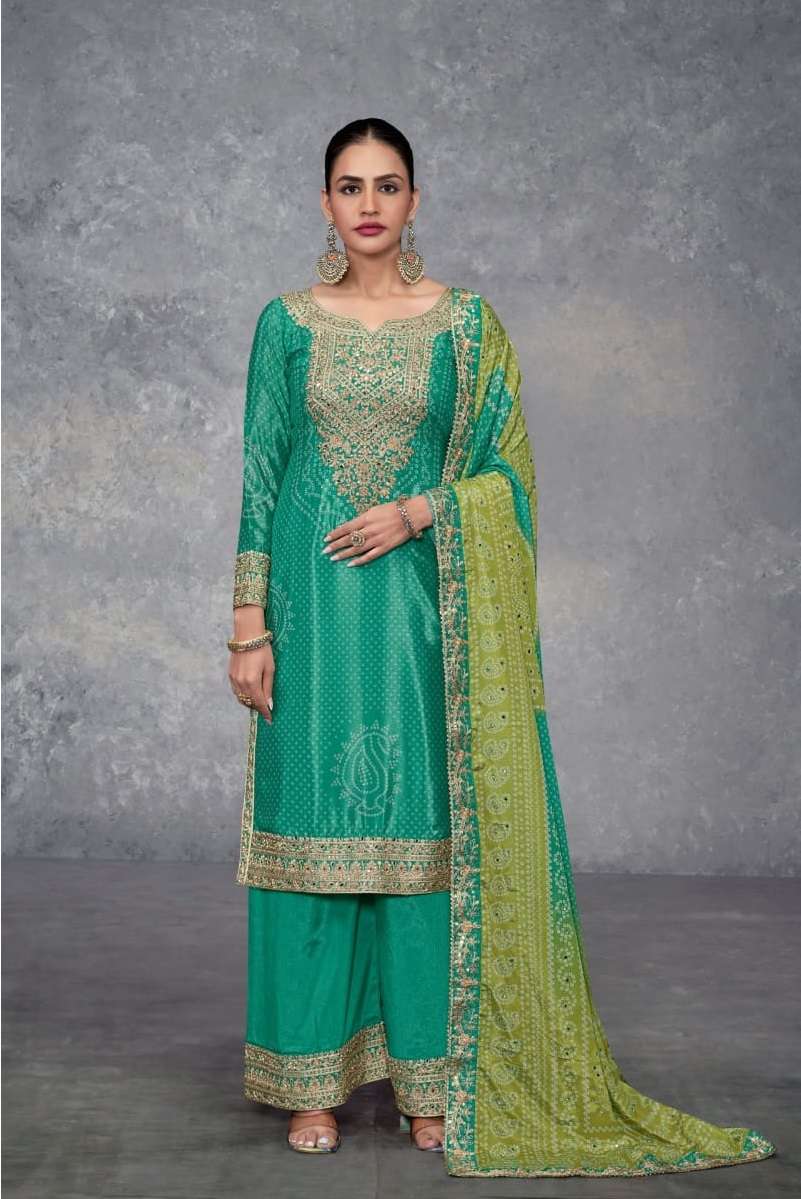 DESIGNER FANCY WEDDING PARTY WEAR INDIAN GREEN CHINON SHARARA PALAZZO SALWAR SUIT GL TAKSHVI 7493