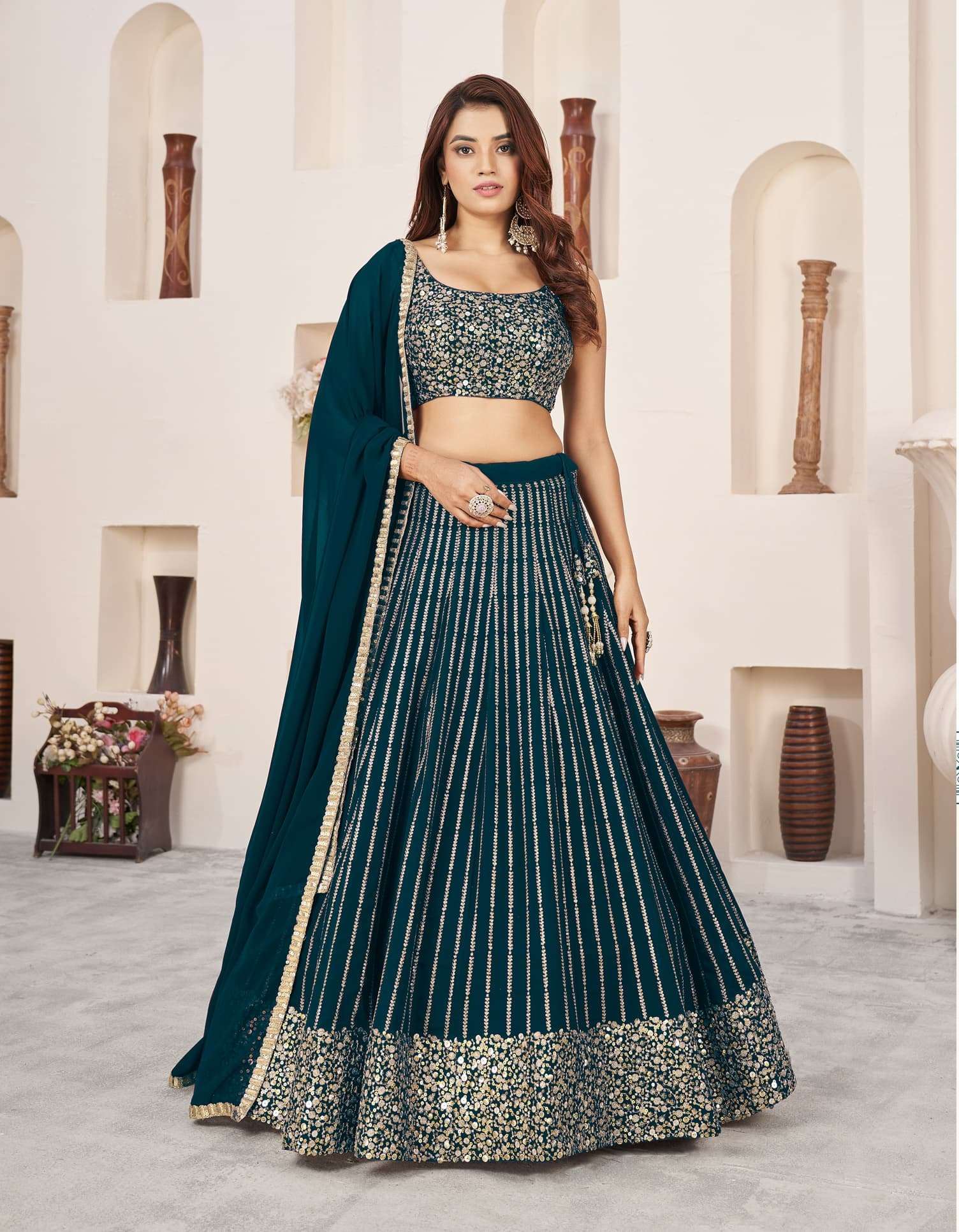 DESIGNER FANCY WEDDING PARTY WEAR INDIAN GREEN GEORGETTE LEHENGA CHOLI WITH DUPATTA ZC ANCHAL 5067B