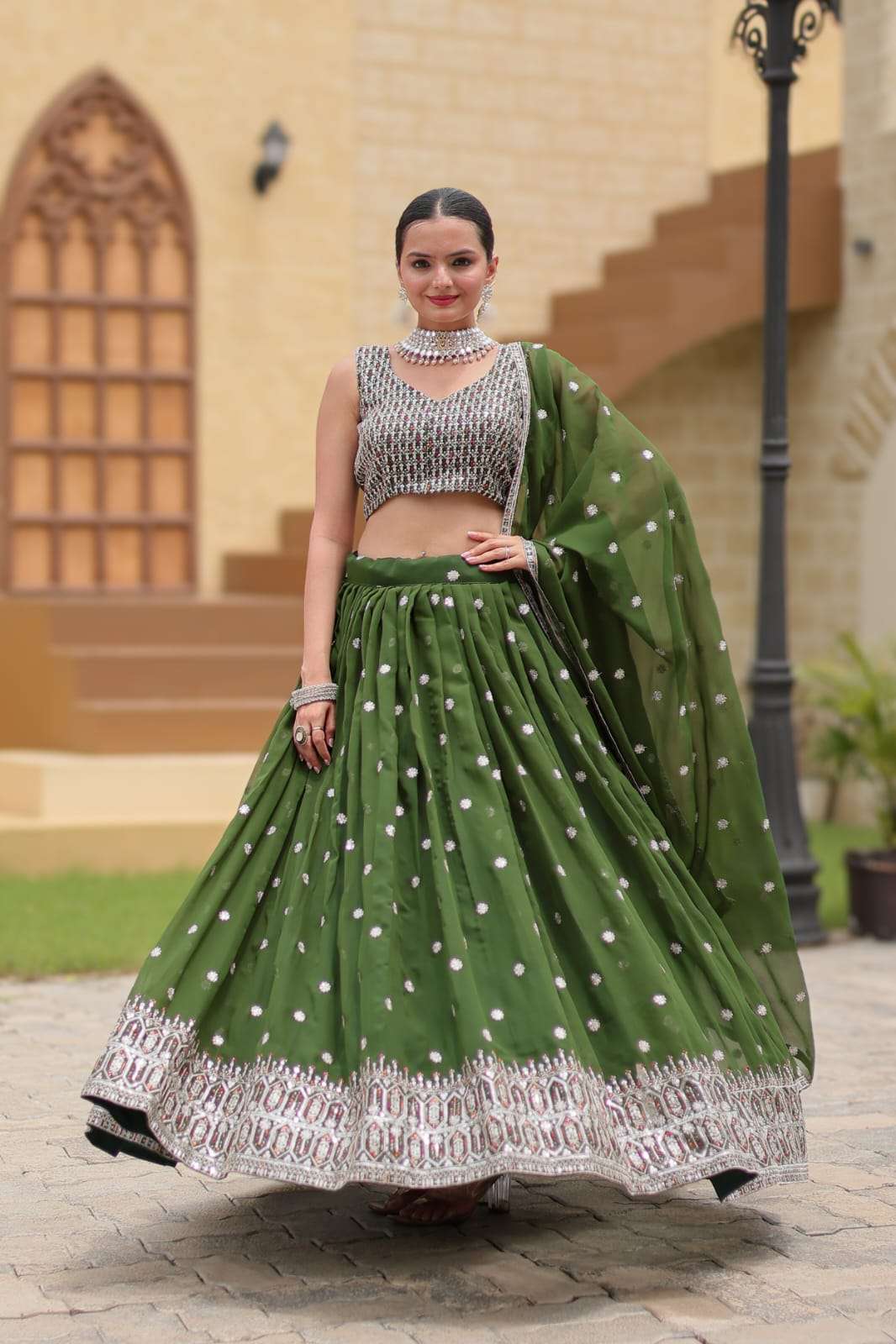 DESIGNER FANCY WEDDING PARTY WEAR INDIAN GREEN GEORGETTE LEHENGA CHOLI WITH DUPATTA DST GILNAZ 1