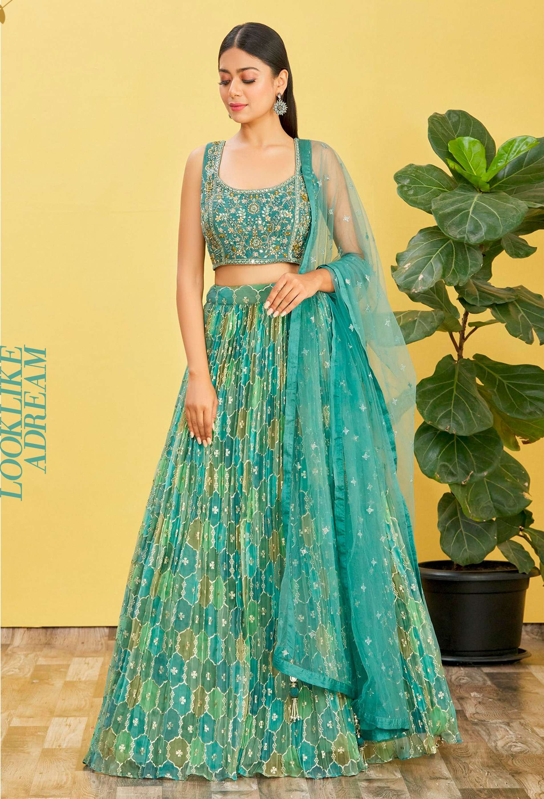 DESIGNER FANCY WEDDING PARTY WEAR INDIAN GREEN ORGANZA LEHENGA CHOLI WITH DUPATTA ZC MANDAKINI 111