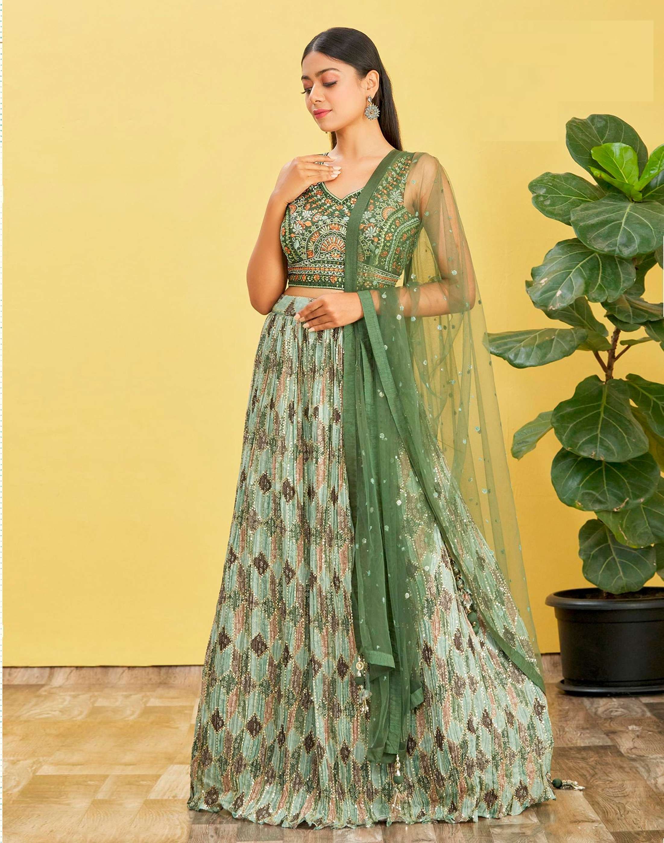 DESIGNER FANCY WEDDING PARTY WEAR INDIAN GREEN ORGANZA LEHENGA CHOLI WITH DUPATTA ZC MANDAKINI 114