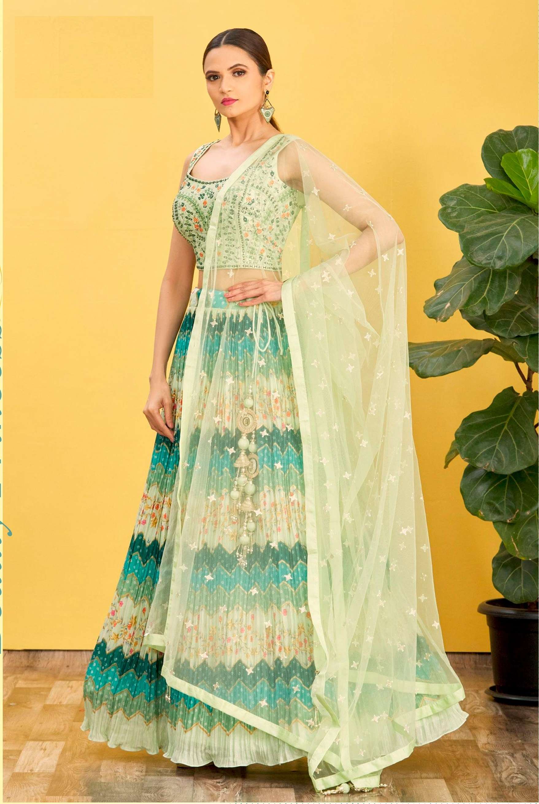 DESIGNER FANCY WEDDING PARTY WEAR INDIAN GREEN ORGANZA LEHENGA CHOLI WITH DUPATTA ZC MANDAKINI 116