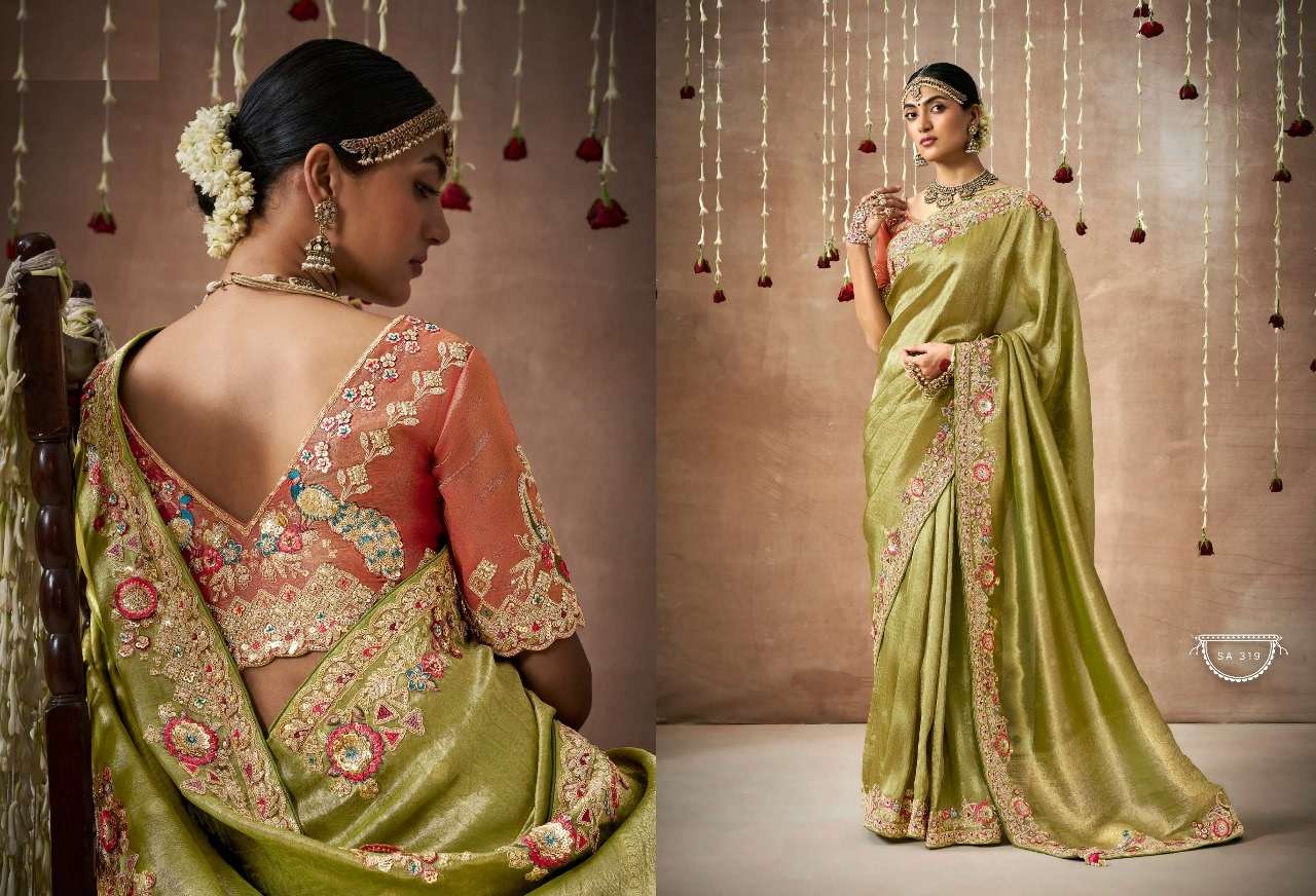 DESIGNER FANCY WEDDING PARTY WEAR INDIAN GREEN ORGANZA SAREE COLLECTION SM KM DULHAN 319