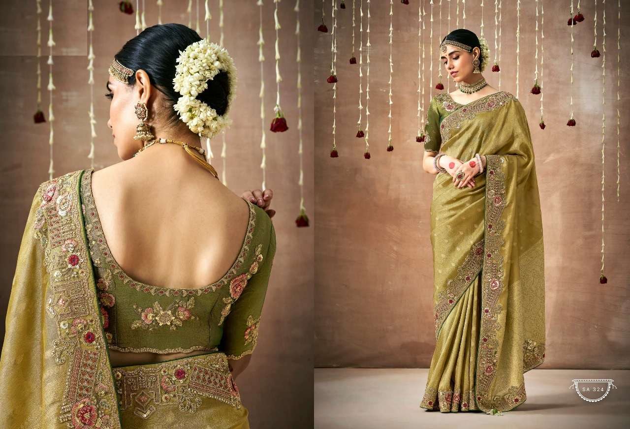 DESIGNER FANCY WEDDING PARTY WEAR INDIAN GREEN ORGANZA SAREE COLLECTION SM KM DULHAN 324