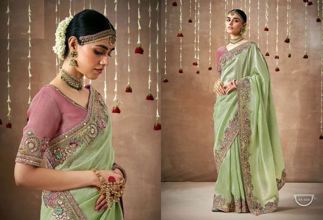 DESIGNER FANCY WEDDING PARTY WEAR INDIAN GREEN ORGANZA SAREE COLLECTION SM KM DULHAN 328