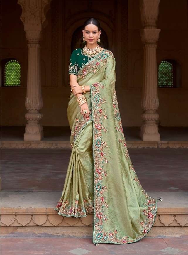 DESIGNER FANCY WEDDING PARTY WEAR INDIAN GREEN ORGANZA SILK SAREE COLLECTION SM MEEVA 1004