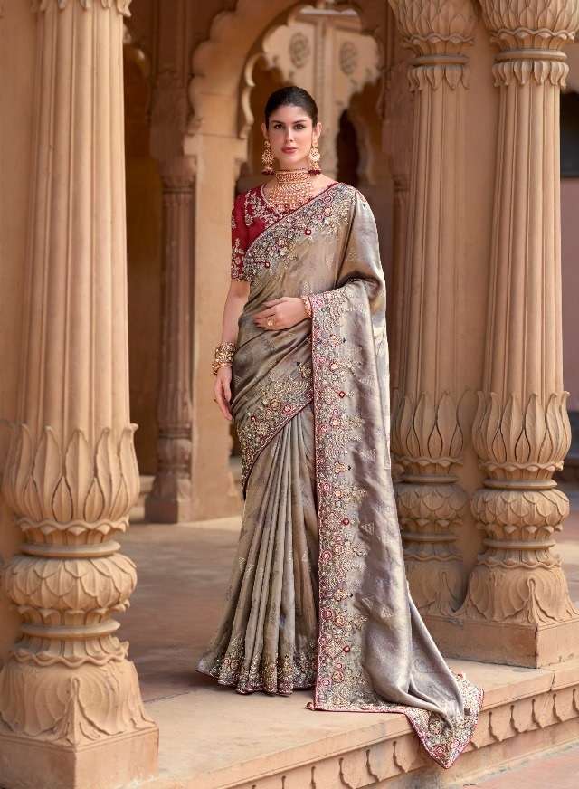 DESIGNER FANCY WEDDING PARTY WEAR INDIAN GREY ORGANZA SILK SAREE COLLECTION SM MEEVA 1001