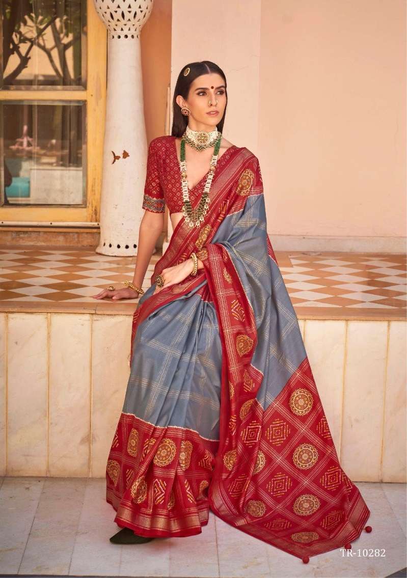 DESIGNER FANCY WEDDING PARTY WEAR INDIAN GREY SILK SAREE COLLECTION SM RW GULAB PATOLA 10282