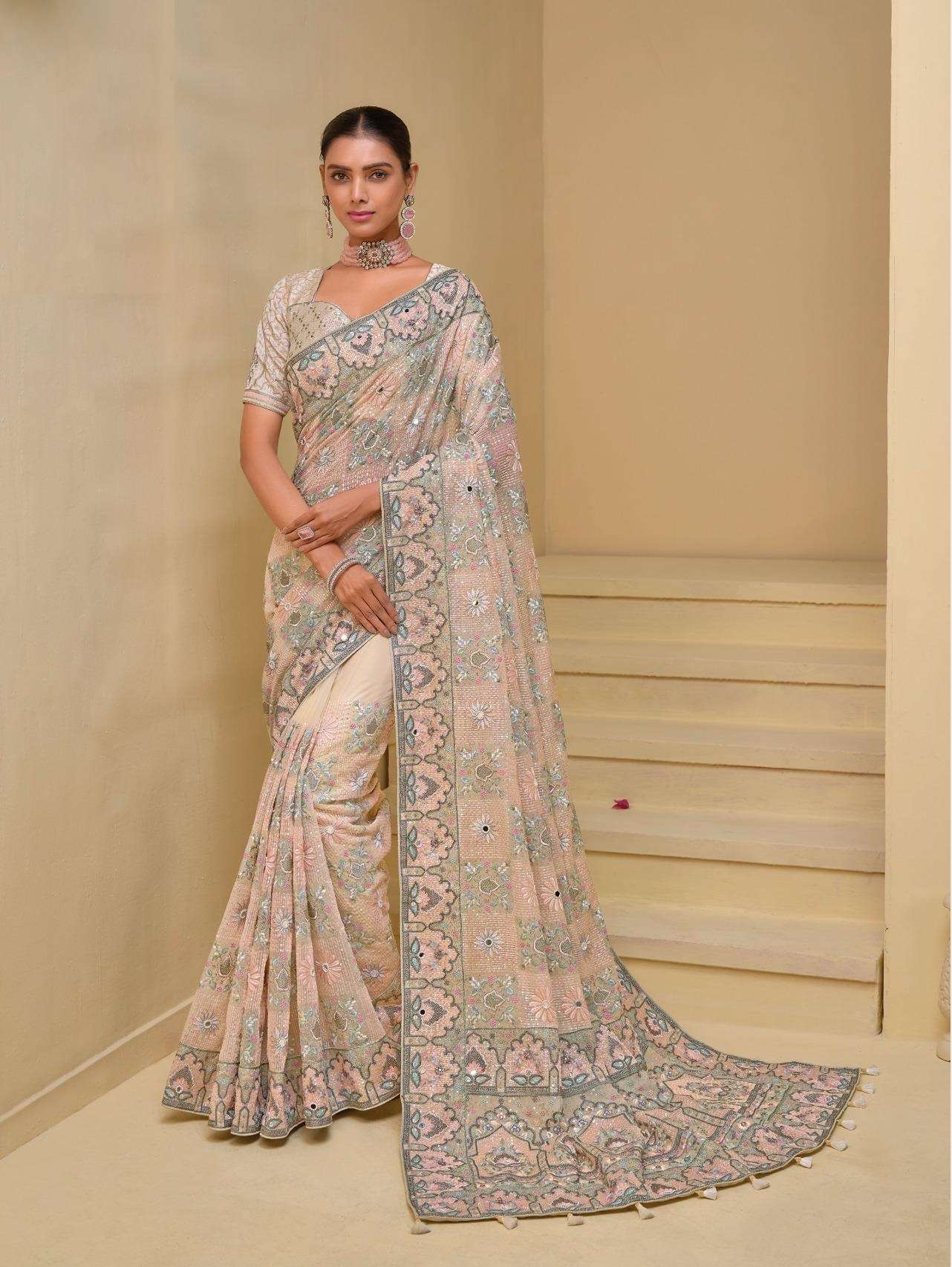 DESIGNER FANCY WEDDING PARTY WEAR INDIAN HEAVY BEIGE SILK FANCY SAREE COLLECTION SM MN 7504