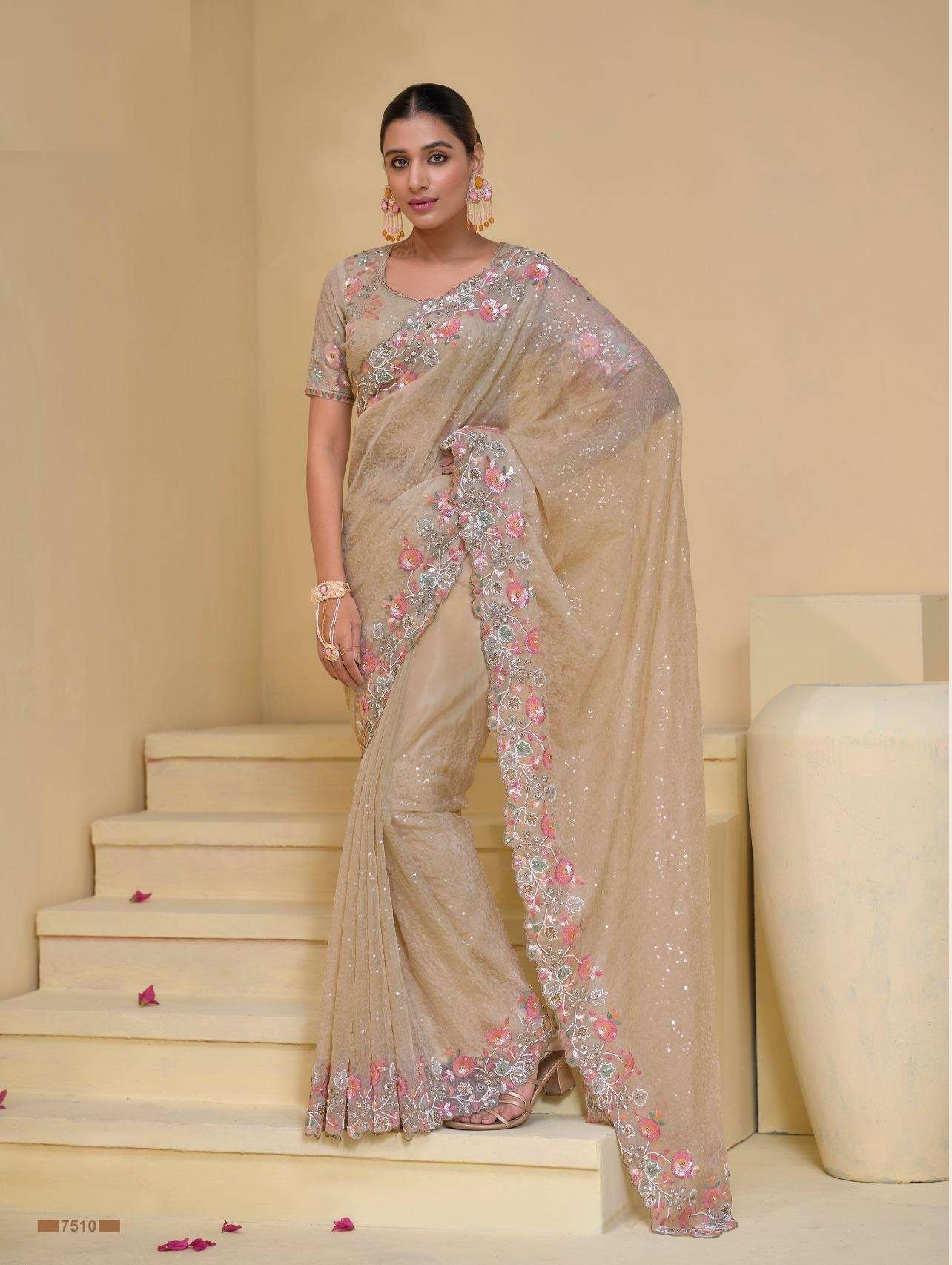 DESIGNER FANCY WEDDING PARTY WEAR INDIAN HEAVY BEIGE SILK FANCY SAREE COLLECTION SM MN 7510