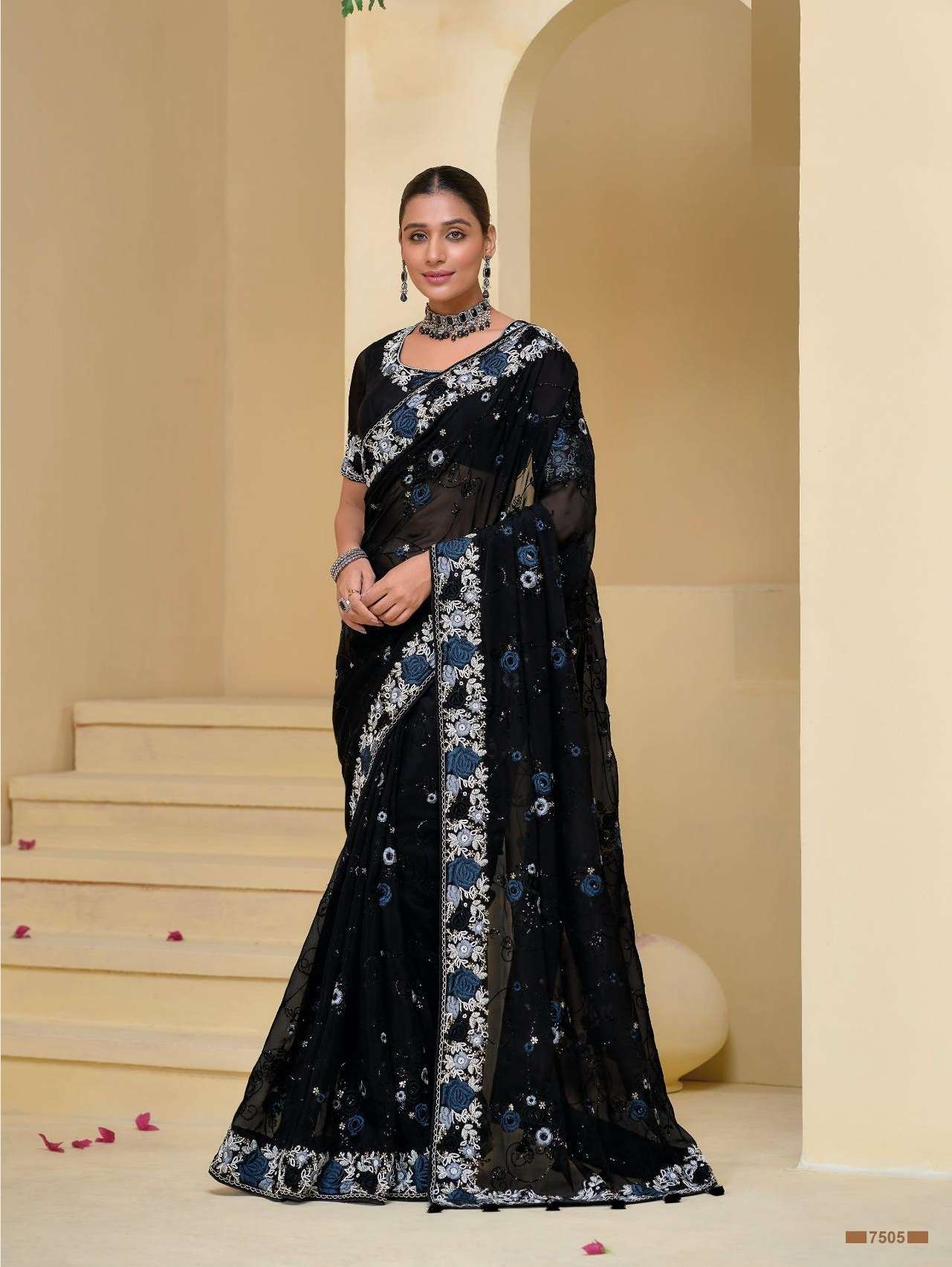 DESIGNER FANCY WEDDING PARTY WEAR INDIAN HEAVY BLACK SILK FANCY SAREE COLLECTION SM MN 7505