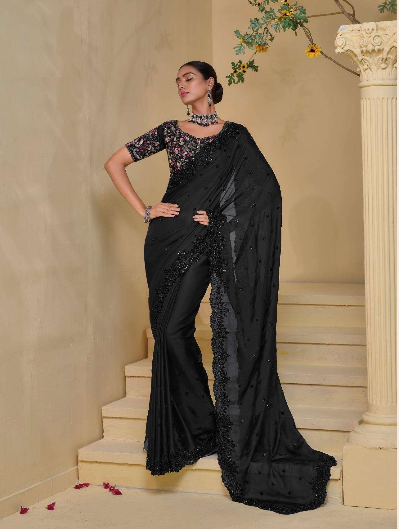 DESIGNER FANCY WEDDING PARTY WEAR INDIAN HEAVY BLACK SILK FANCY SAREE COLLECTION SM MN 7513