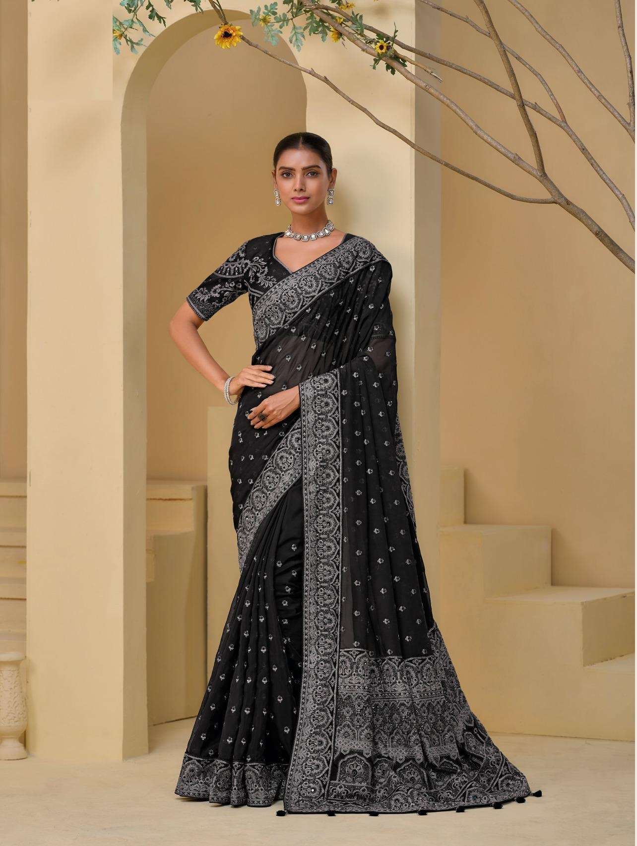 DESIGNER FANCY WEDDING PARTY WEAR INDIAN HEAVY BLACK SILK FANCY SAREE COLLECTION SM MN 7511