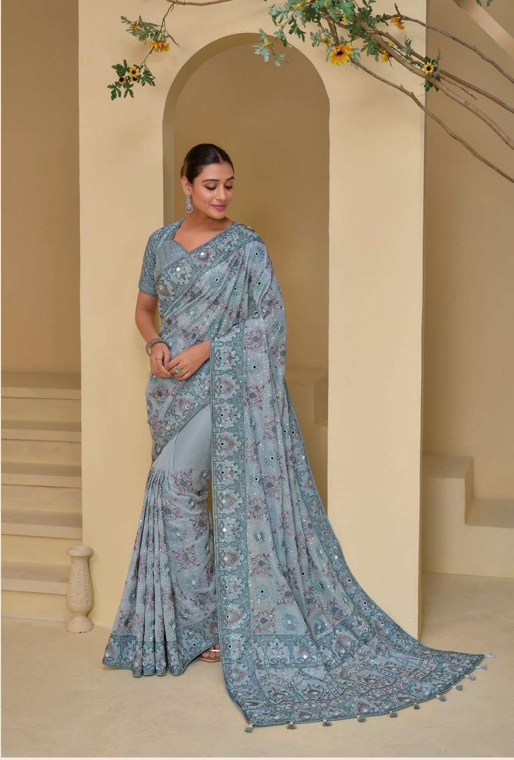 DESIGNER FANCY WEDDING PARTY WEAR INDIAN HEAVY GREY SILK FANCY SAREE COLLECTION SM MN 7509