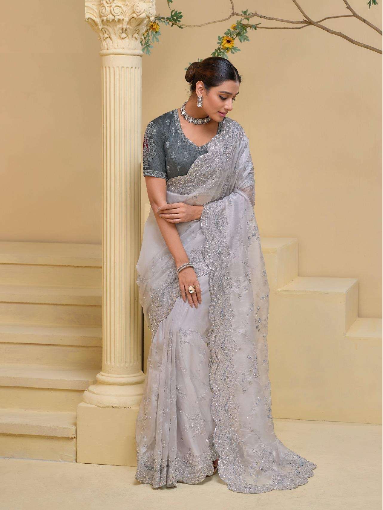 DESIGNER FANCY WEDDING PARTY WEAR INDIAN HEAVY GREY SILK FANCY SAREE COLLECTION SM MN 7512