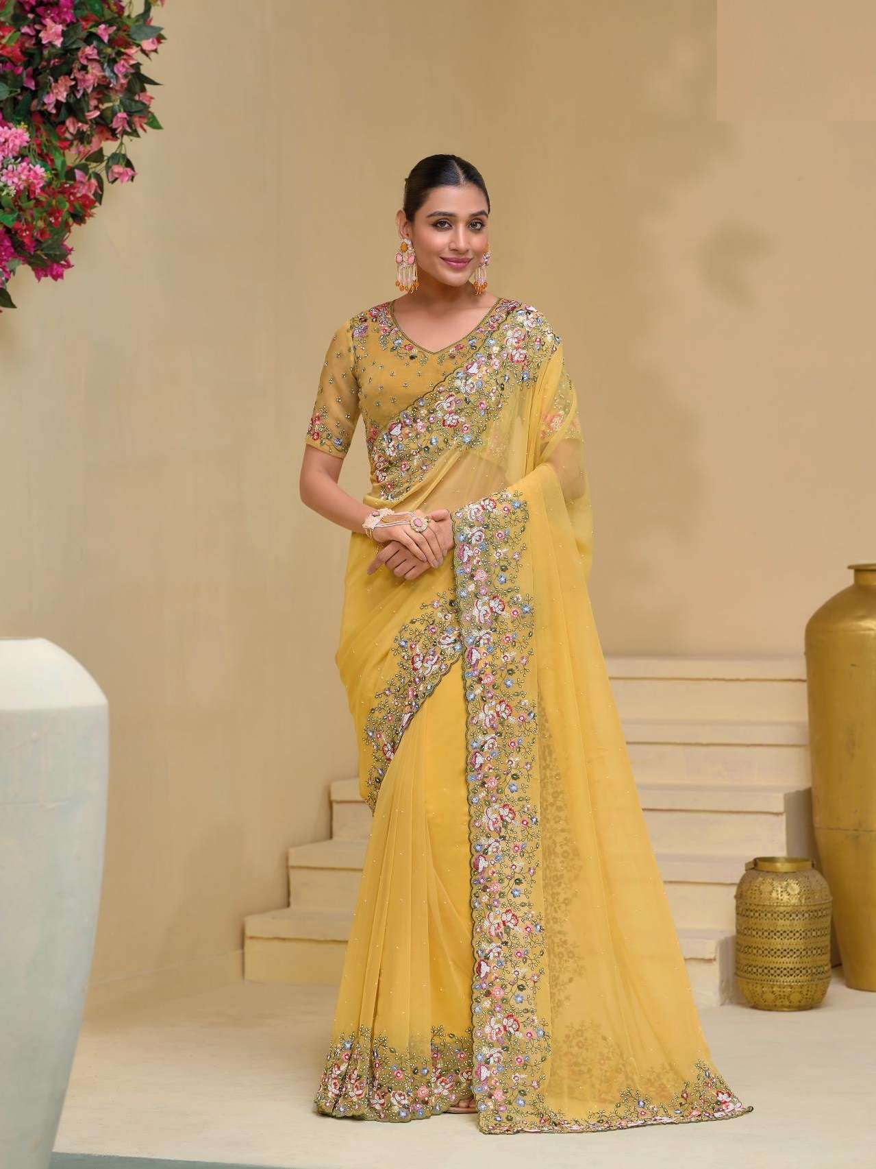 DESIGNER FANCY WEDDING PARTY WEAR INDIAN HEAVY YELLOW SILK FANCY SAREE COLLECTION SM MN 7502