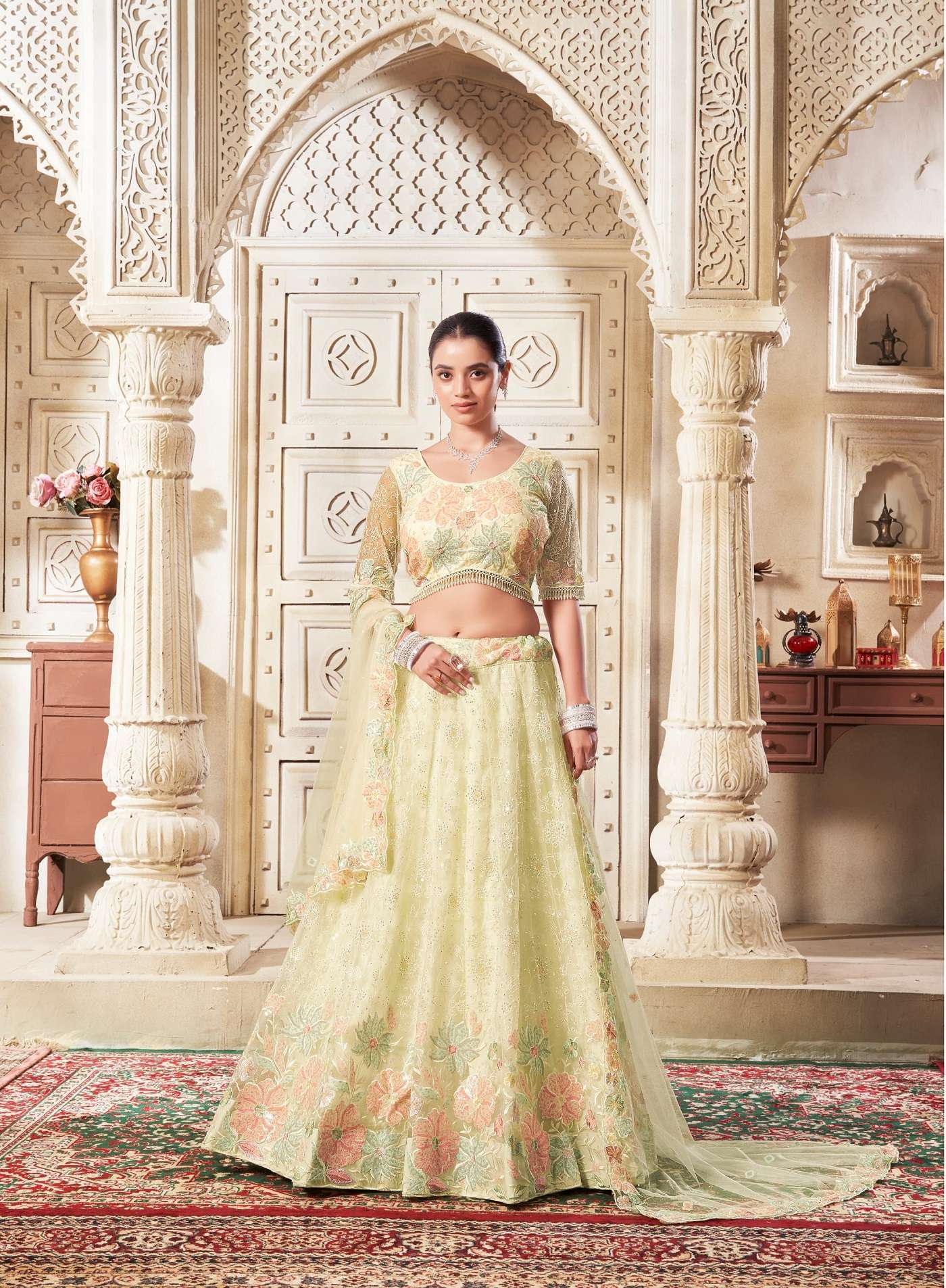 DESIGNER FANCY WEDDING PARTY WEAR INDIAN LEMON YELLOW LEHENGA CHOLI WITH DUPATTA NVN ANTSH OCASSION 5030