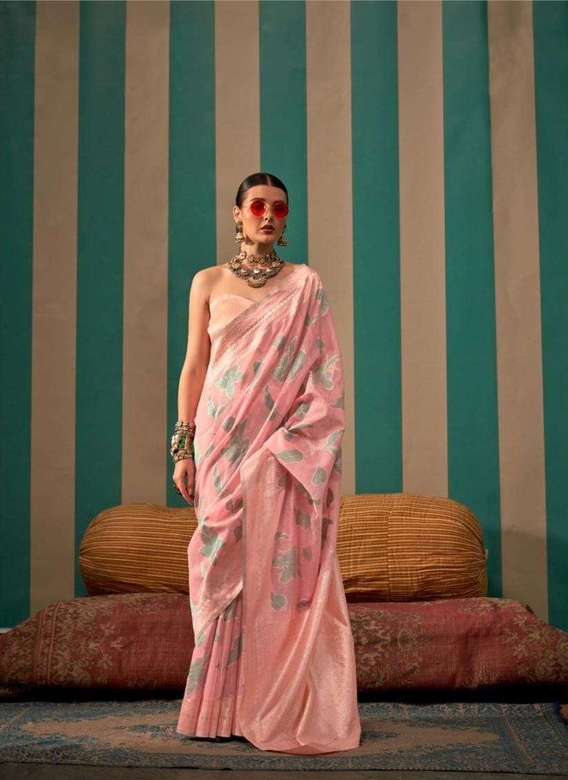 DESIGNER FANCY WEDDING PARTY WEAR INDIAN LINEN SILK PINK SAREE COLLECTION SM RAJBEER 15006