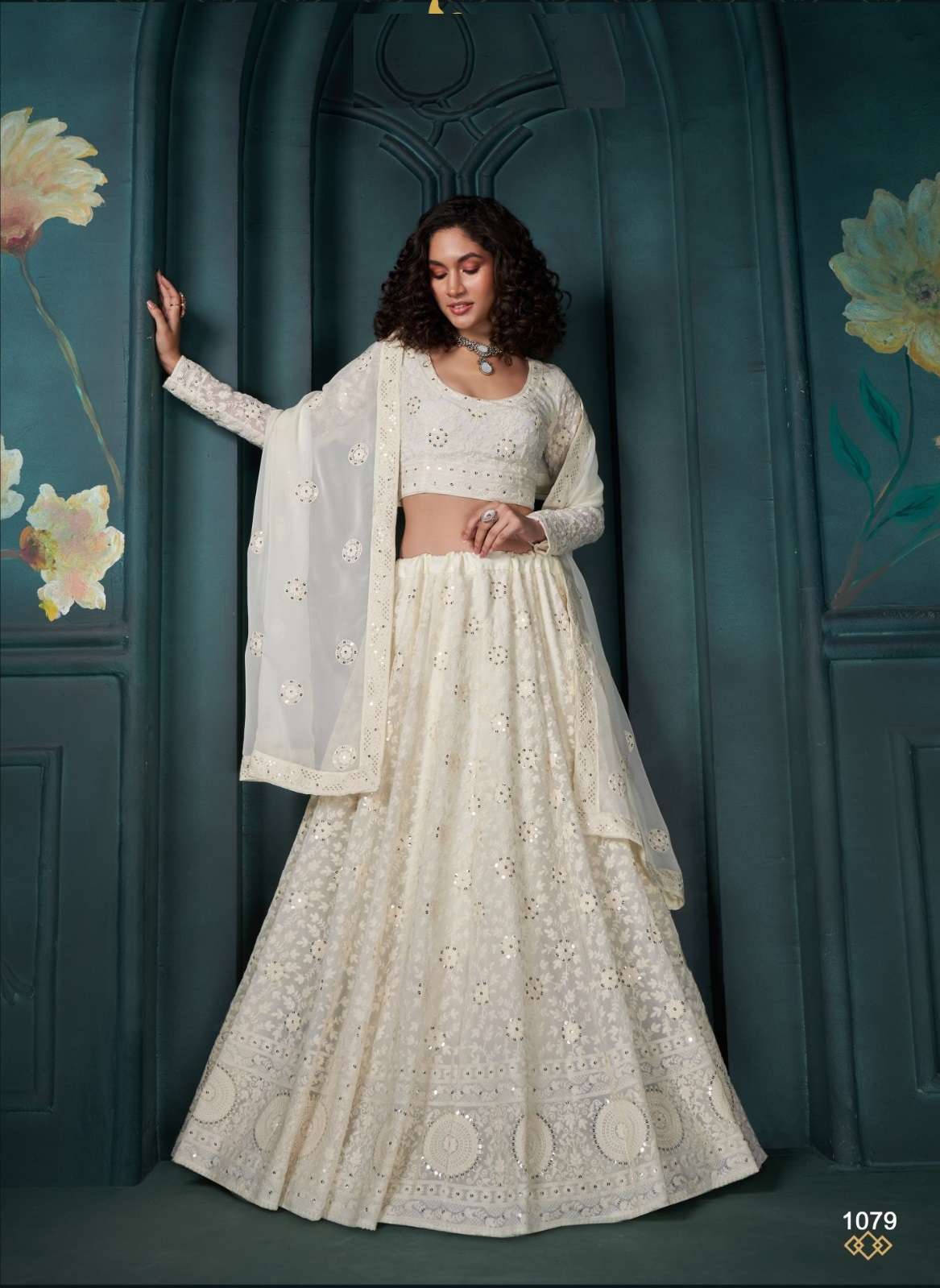 DESIGNER FANCY WEDDING PARTY WEAR INDIAN OFF WHITE GEORGETTE LEHENGA CHOLI WITH DUPATTA ALZ WEDDING ATTIRE 1079