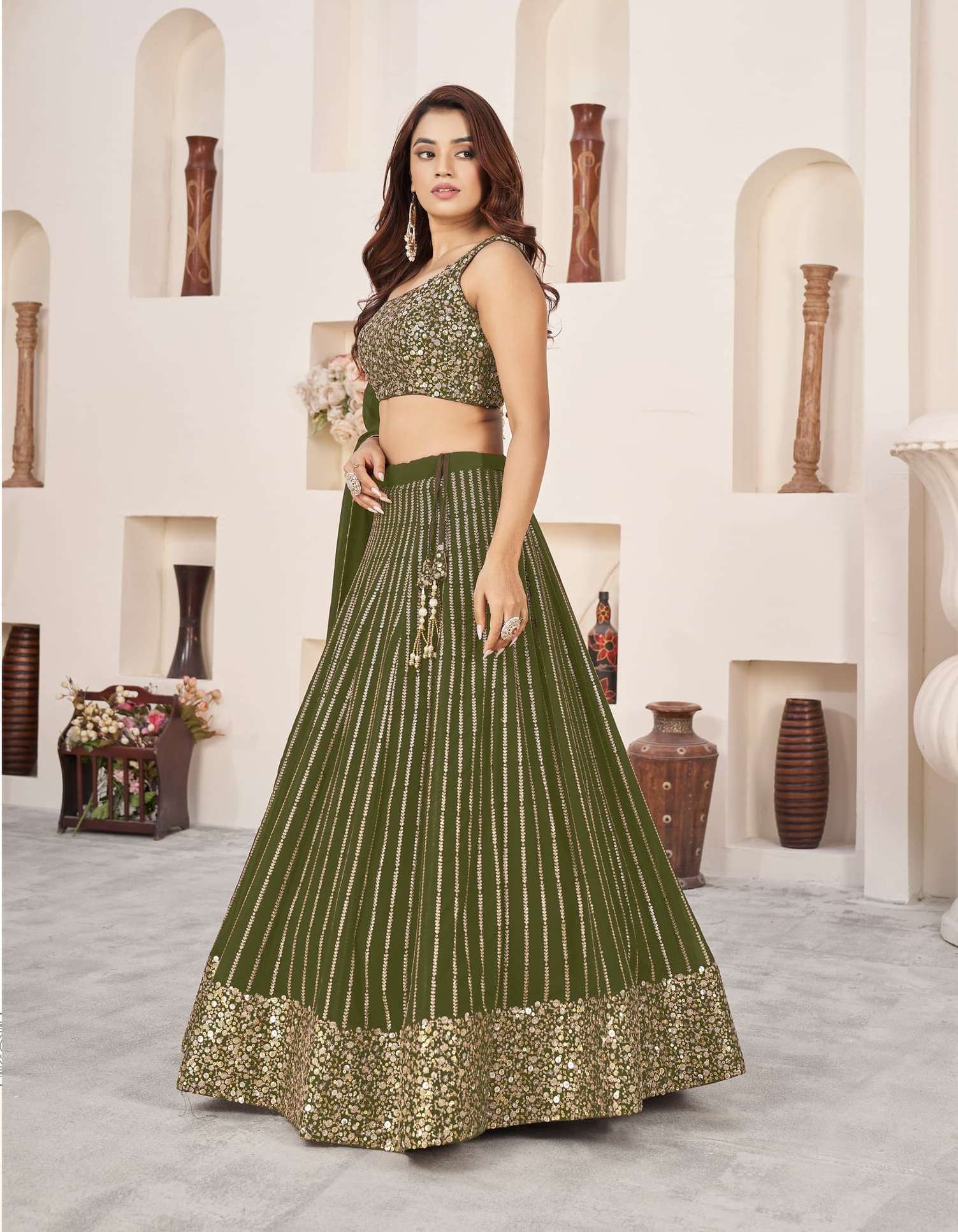 DESIGNER FANCY WEDDING PARTY WEAR INDIAN OLIVE GEORGETTE LEHENGA CHOLI WITH DUPATTA ZC ANCHAL 5067D