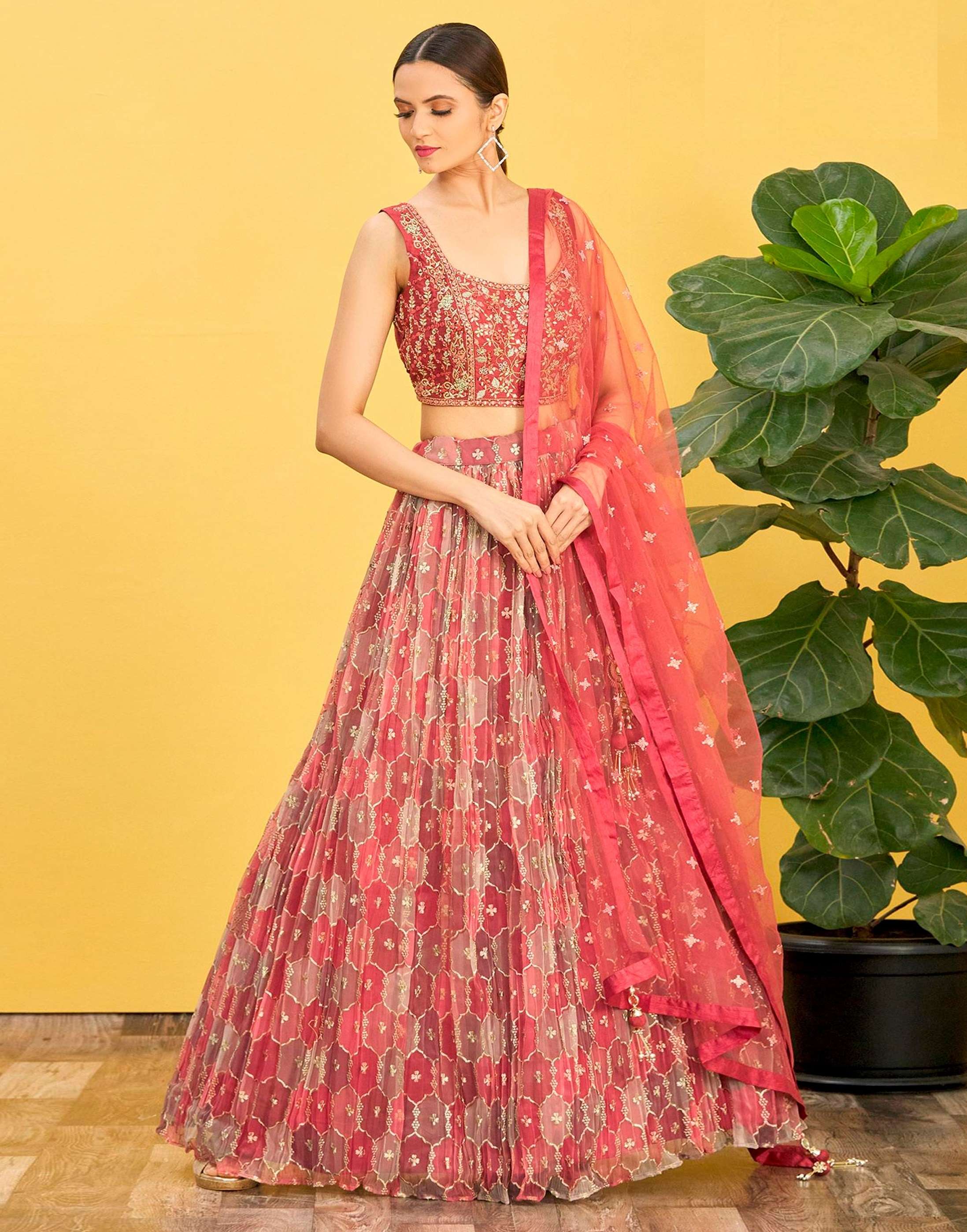 DESIGNER FANCY WEDDING PARTY WEAR INDIAN ORANGE ORGANZA LEHENGA CHOLI WITH DUPATTA ZC MANDAKINI 112