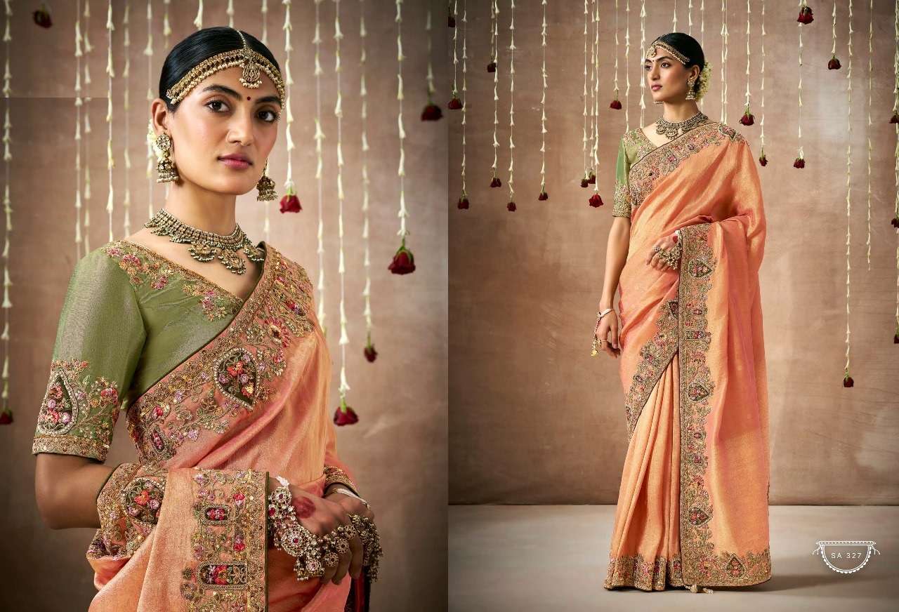 DESIGNER FANCY WEDDING PARTY WEAR INDIAN ORANGE ORGANZA SAREE COLLECTION SM KM DULHAN 327