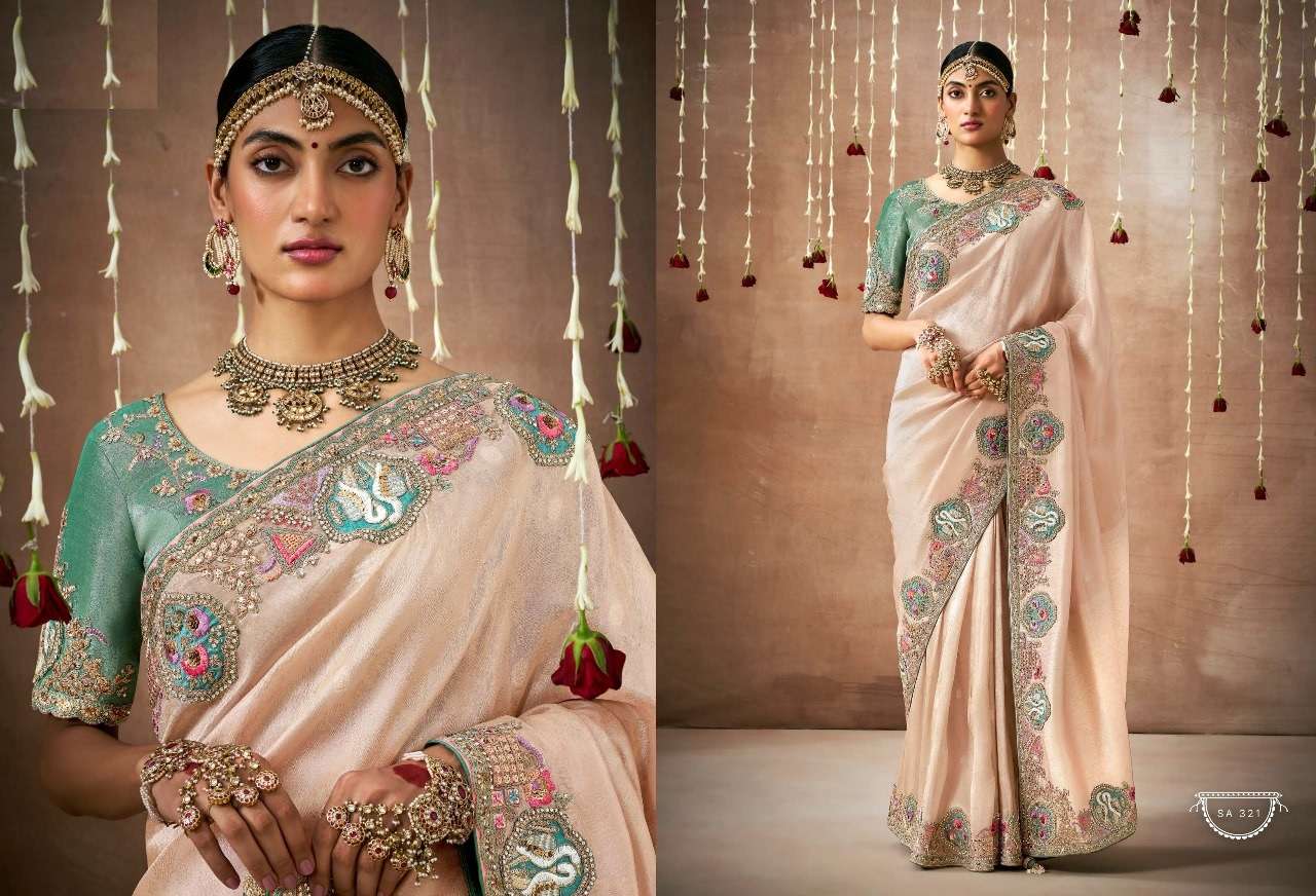 DESIGNER FANCY WEDDING PARTY WEAR INDIAN PEACH ORGANZA SAREE COLLECTION SM KM DULHAN 321