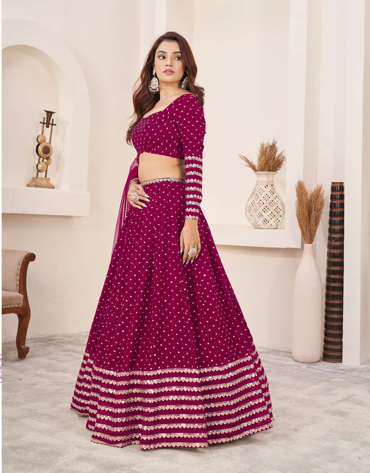 DESIGNER FANCY WEDDING PARTY WEAR INDIAN PINK GEORGETTE LEHENGA CHOLI WITH DUPATTA ZC ANCHAL 5074A